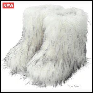 Faux Fur Snow Boots Mid-Calf Winter Fluffy Fuzzy Comfortable Slip-On Outdoor